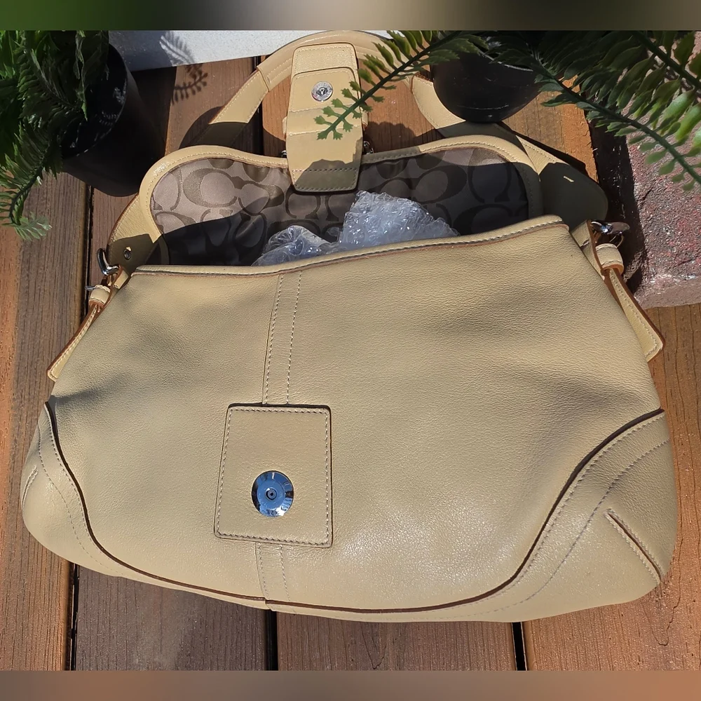 Coach Soho Flap Shoulder Bag, style number 9248. Beige Tan Leather. - Picture 12 of 17